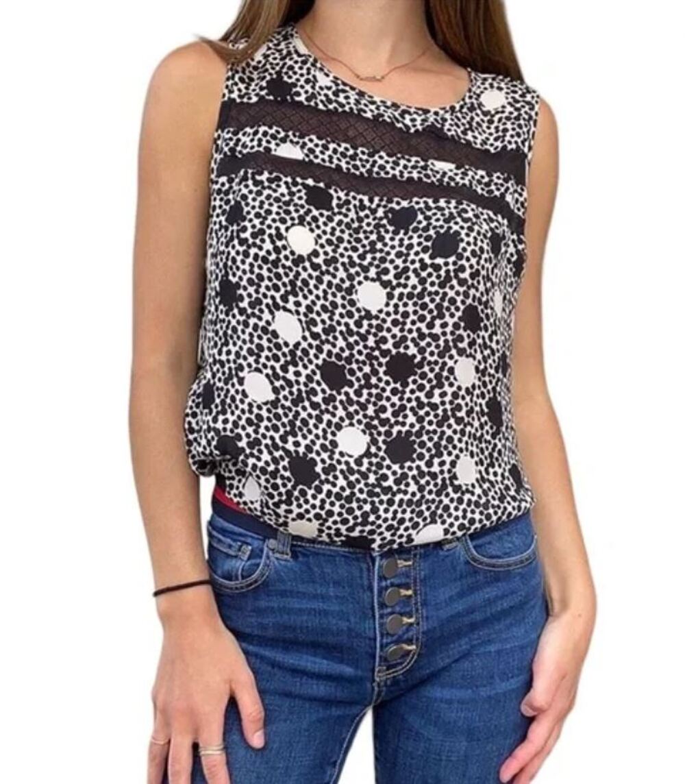 CAbi 3079 Black & White Polka Dot Sheer Lace Trim Sleeveless Blouse Women Sz S - Picture 1 of 11